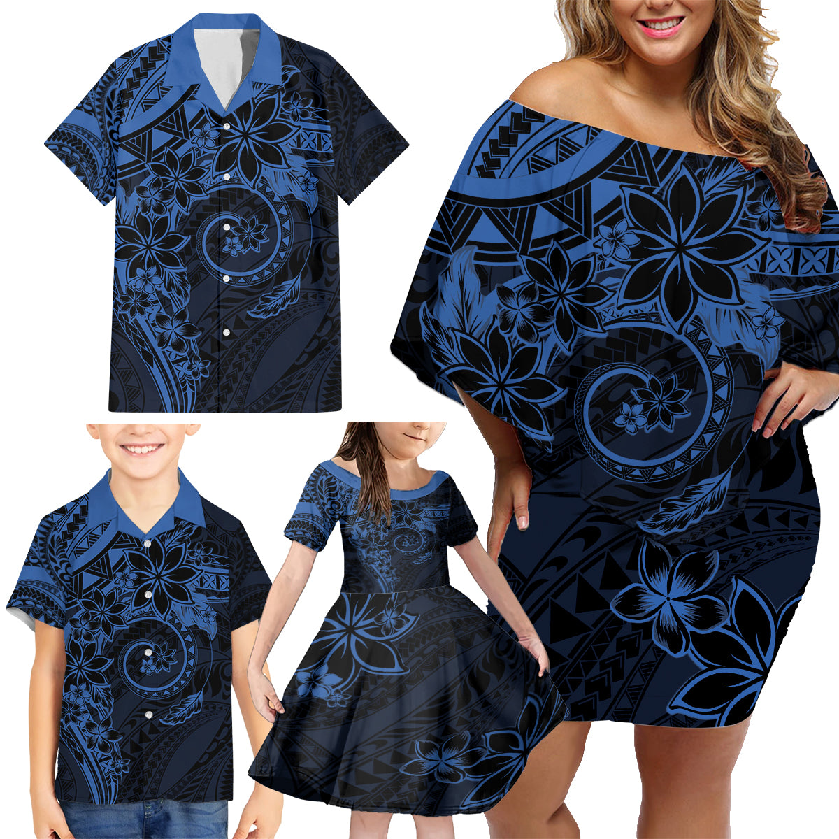 Polynesian Sunset Plumeria Family Matching Off Shoulder Short Dress and Hawaiian Shirt Navy Polynesian Tattoo LT05 - Polynesian Pride