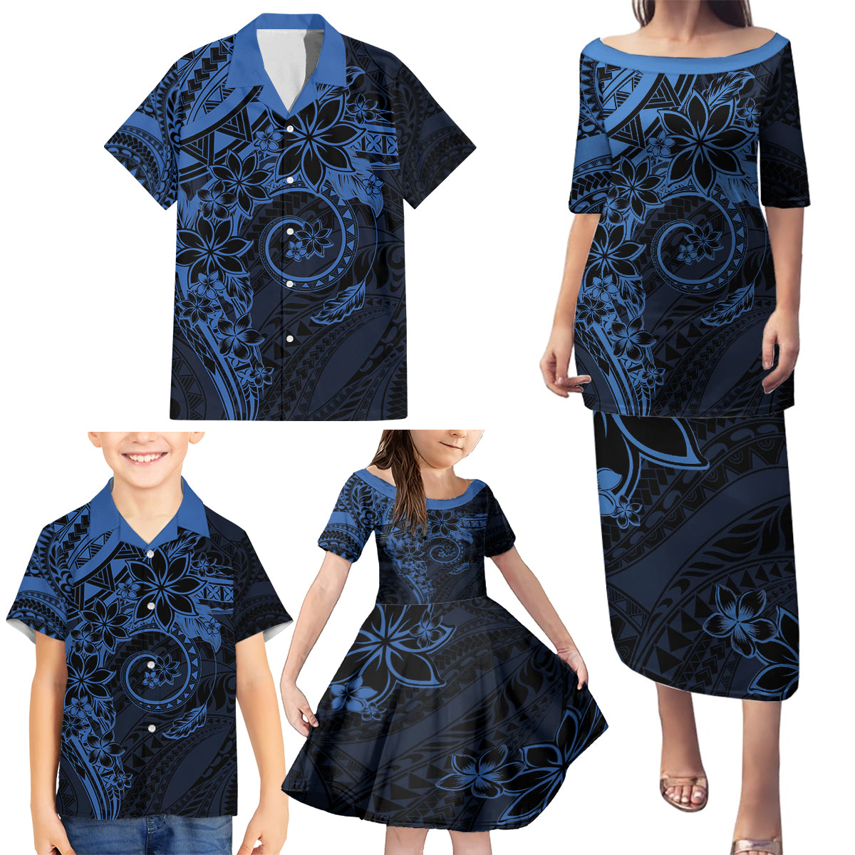 Polynesian Sunset Plumeria Family Matching Puletasi and Hawaiian Shirt Navy Polynesian Tattoo LT05 - Polynesian Pride
