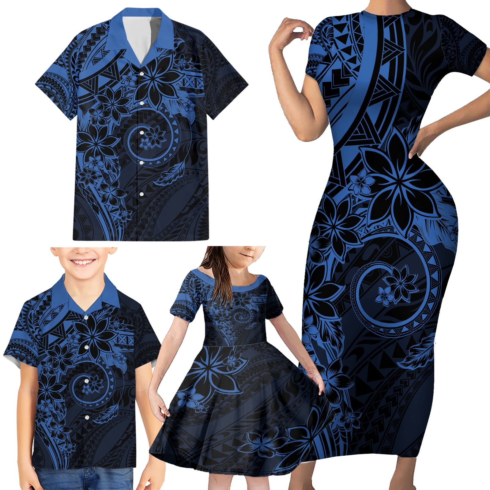 Polynesian Sunset Plumeria Family Matching Short Sleeve Bodycon Dress and Hawaiian Shirt Navy Polynesian Tattoo LT05 - Polynesian Pride