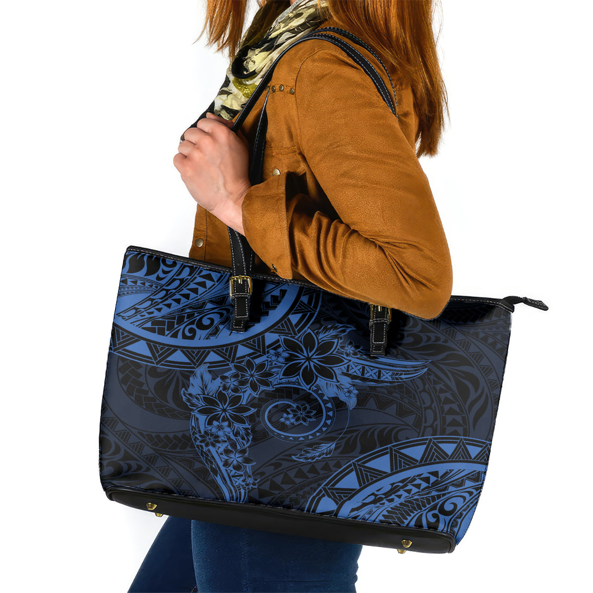 Polynesian Sunset Plumeria Leather Tote Bag Navy Polynesian Tattoo LT05 Navy - Polynesian Pride