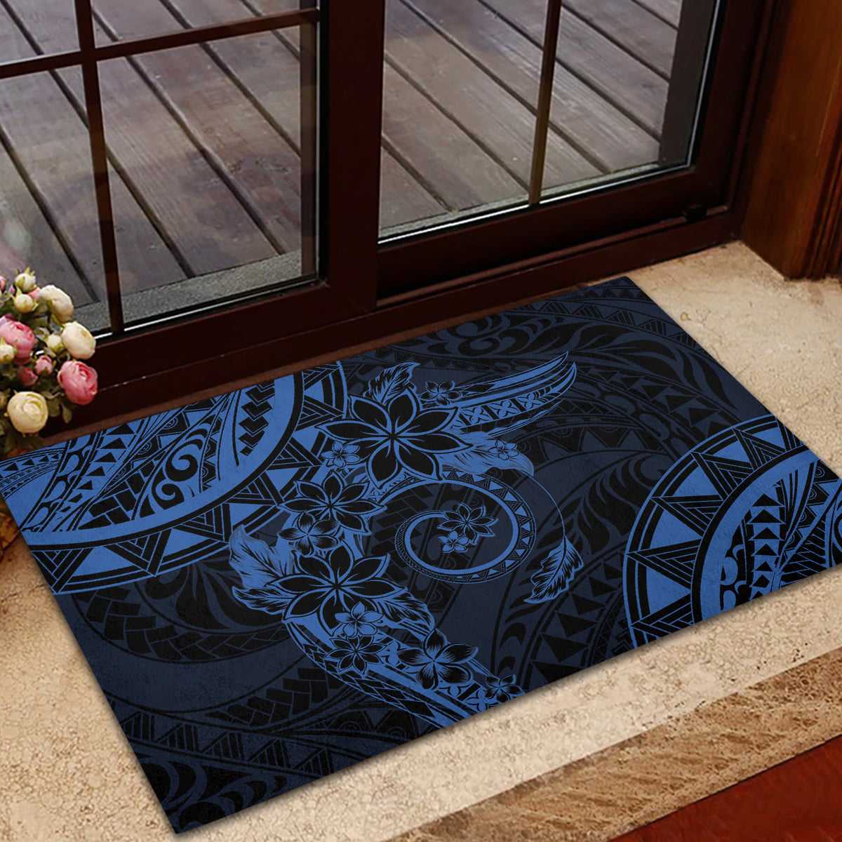 Polynesian Sunset Plumeria Rubber Doormat Navy Polynesian Tattoo