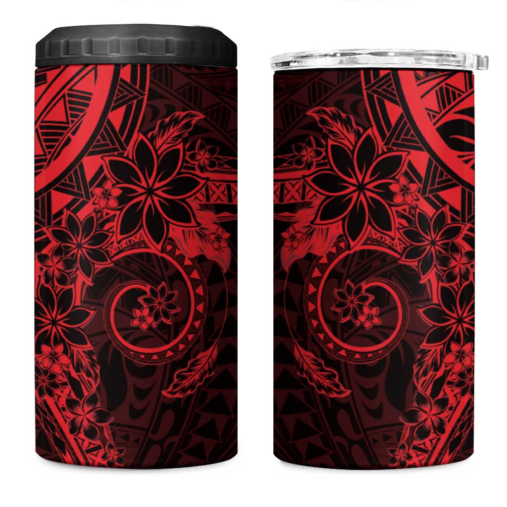 Red Polynesian Pattern With Plumeria Flowers 4 in 1 Can Cooler Tumbler