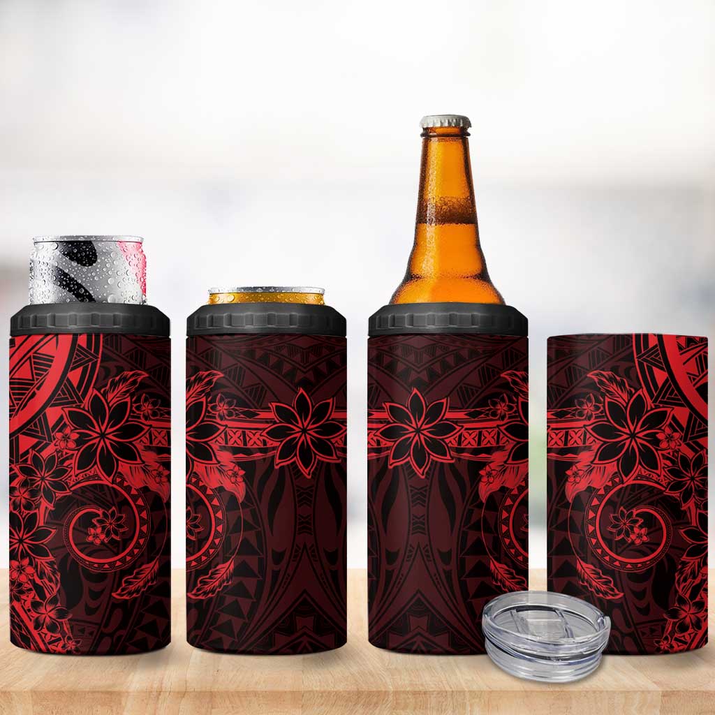 Red Polynesian Pattern With Plumeria Flowers 4 in 1 Can Cooler Tumbler