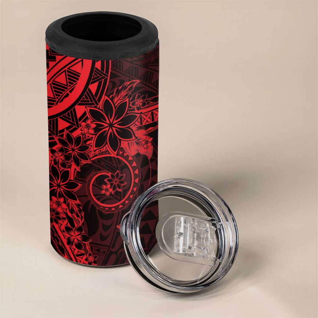 Red Polynesian Pattern With Plumeria Flowers 4 in 1 Can Cooler Tumbler