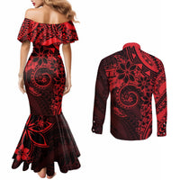 Polynesian Sunset Plumeria Couples Matching Mermaid Dress and Long Sleeve Button Shirt Red Polynesian Tattoo LT05 - Polynesian Pride