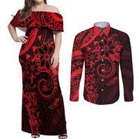 Polynesian Sunset Plumeria Couples Matching Off Shoulder Maxi Dress and Long Sleeve Button Shirt Red Polynesian Tattoo