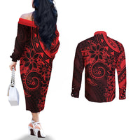 Polynesian Sunset Plumeria Couples Matching Off The Shoulder Long Sleeve Dress and Long Sleeve Button Shirt Red Polynesian Tattoo LT05 - Polynesian Pride