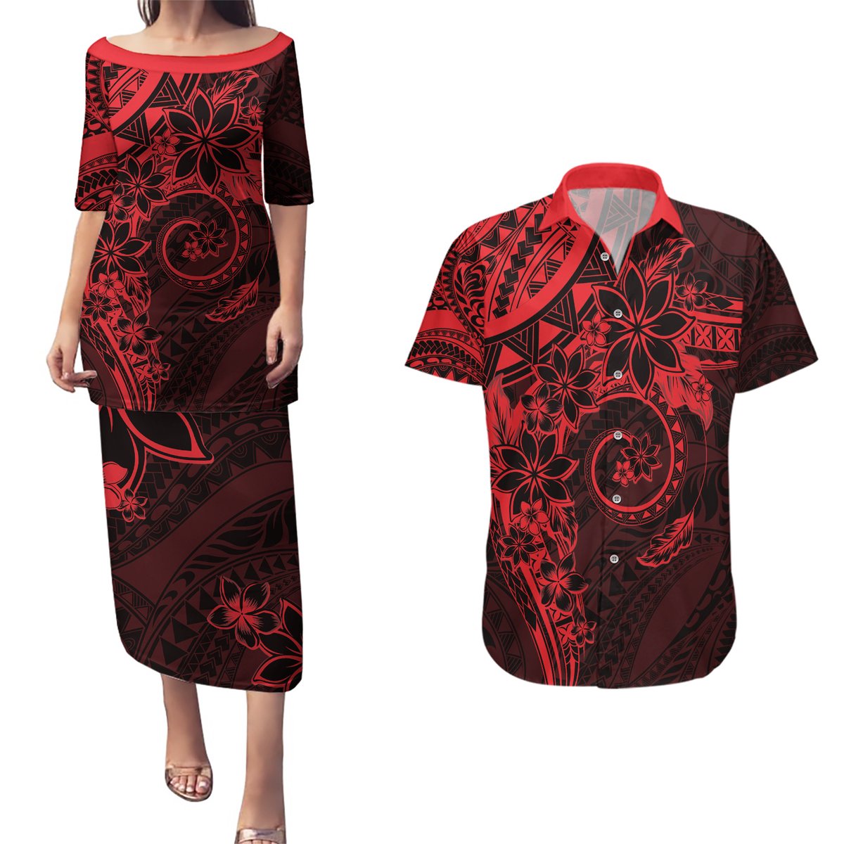 Polynesian Sunset Plumeria Couples Matching Puletasi and Hawaiian Shirt Red Polynesian Tattoo
