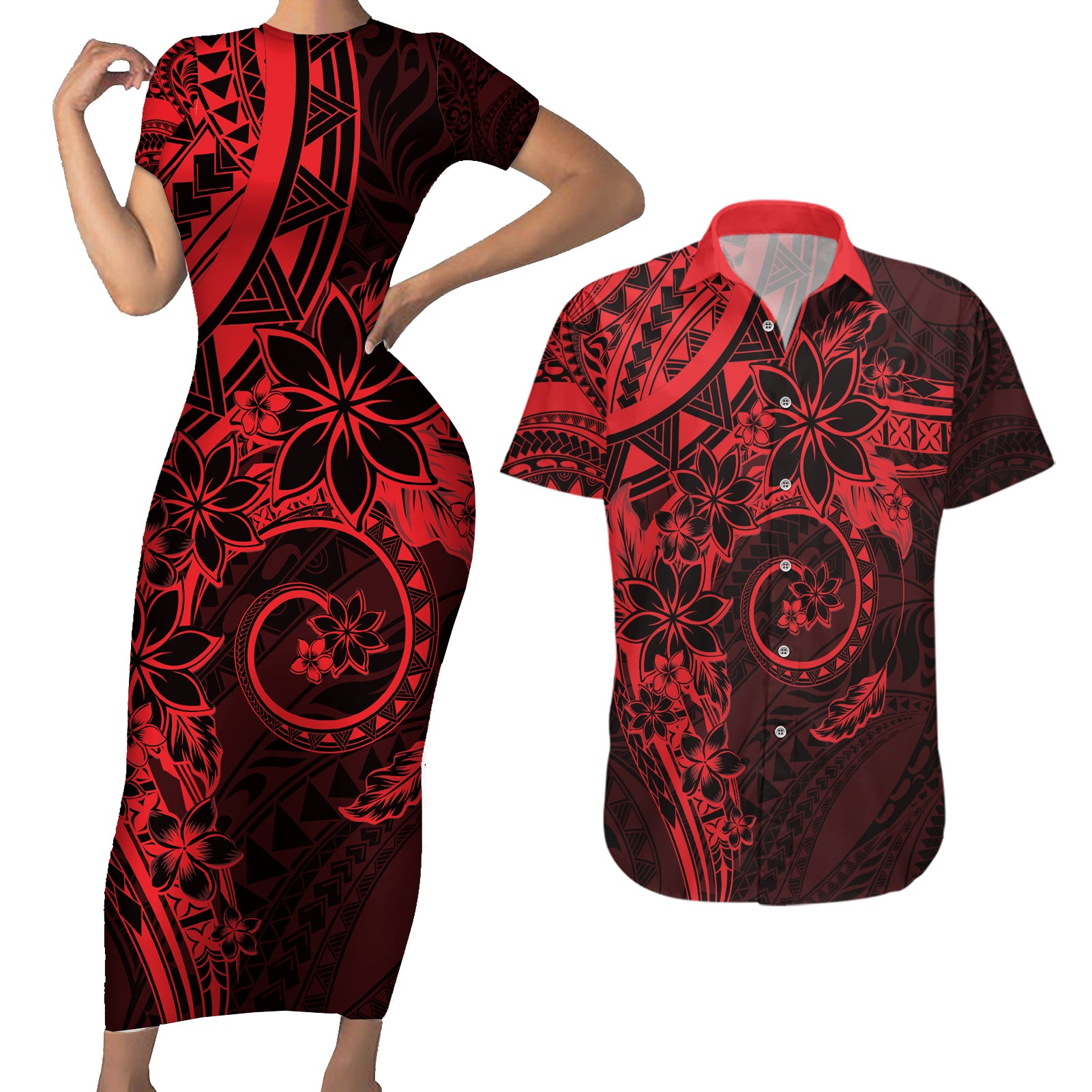 Polynesian Sunset Plumeria Couples Matching Short Sleeve Bodycon Dress and Hawaiian Shirt Red Polynesian Tattoo