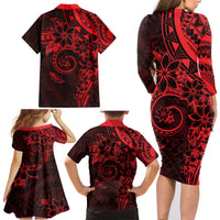 Polynesian Sunset Plumeria Family Matching Long Sleeve Bodycon Dress and Hawaiian Shirt Red Polynesian Tattoo