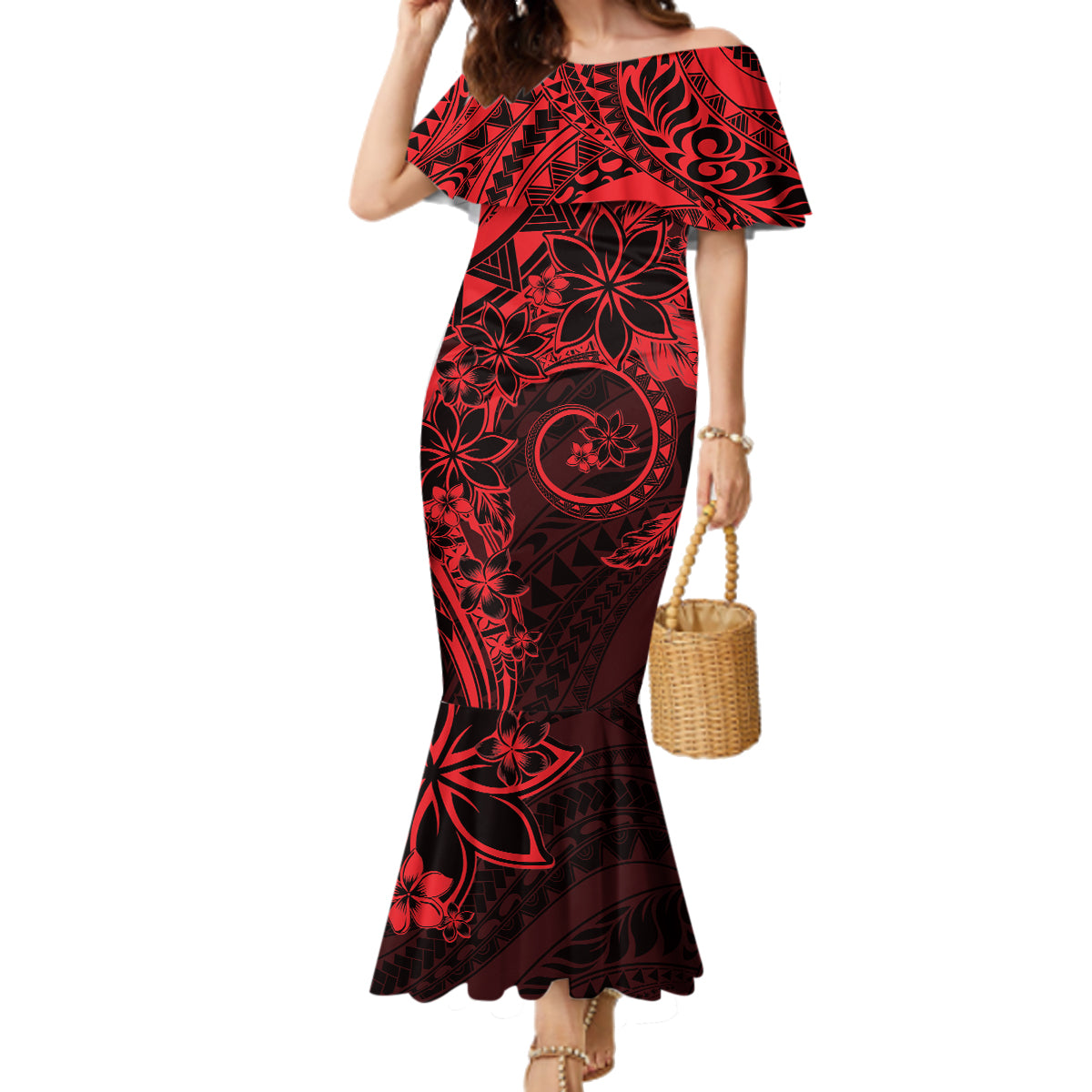 Polynesian Sunset Plumeria Family Matching Mermaid Dress and Hawaiian Shirt Red Polynesian Tattoo