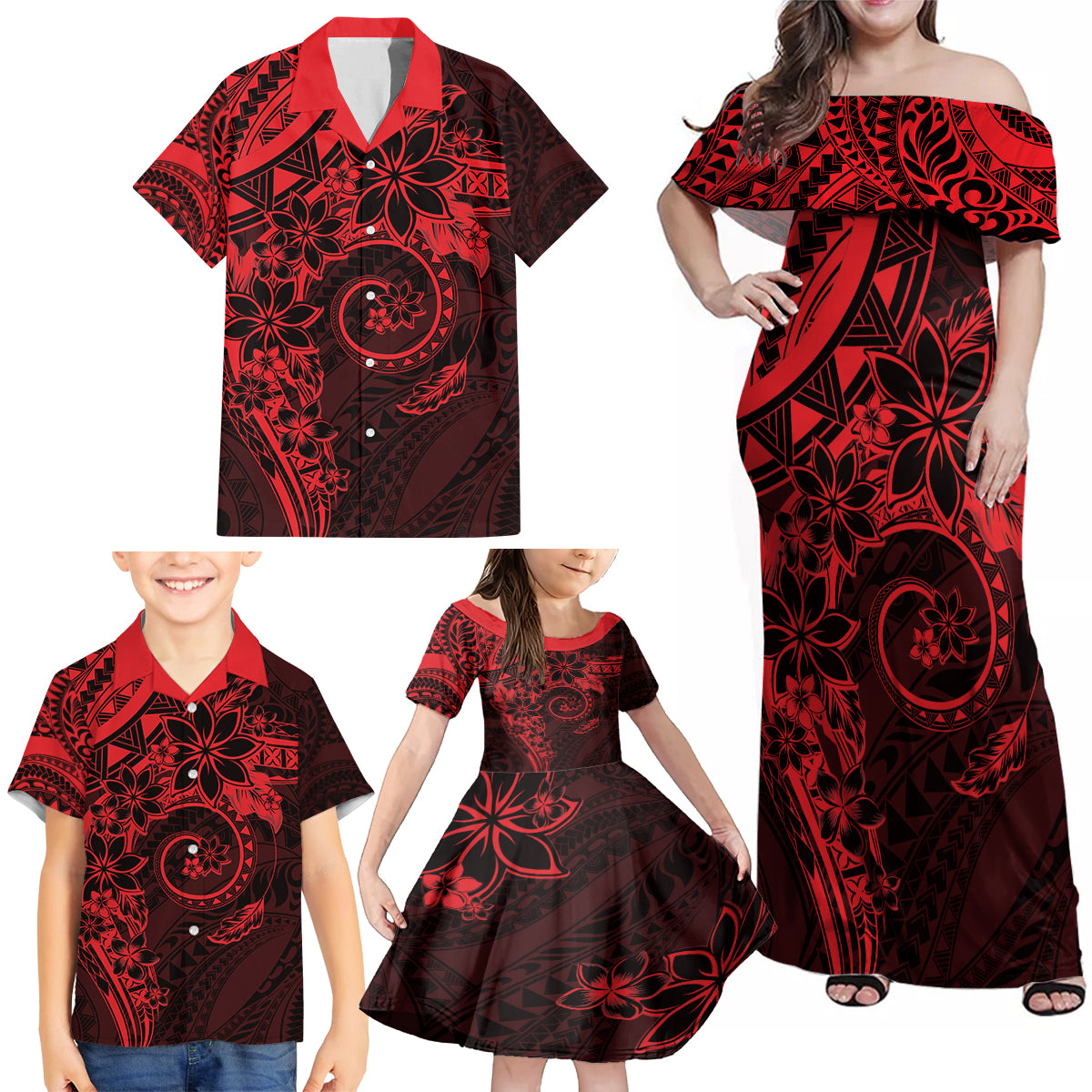 Polynesian Sunset Plumeria Family Matching Off Shoulder Maxi Dress and Hawaiian Shirt Red Polynesian Tattoo LT05 - Polynesian Pride