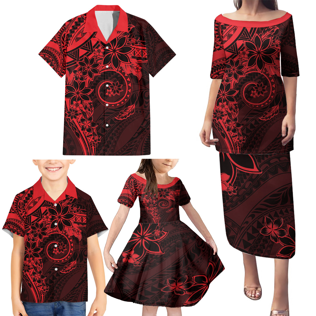 Polynesian Sunset Plumeria Family Matching Puletasi and Hawaiian Shirt Red Polynesian Tattoo LT05 - Polynesian Pride