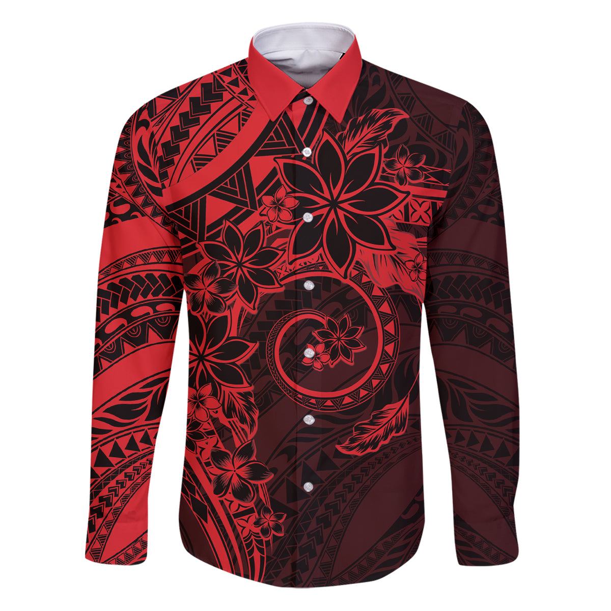 Polynesian Sunset Plumeria Family Matching Puletasi and Hawaiian Shirt Red Polynesian Tattoo LT05 Dad's Shirt - Long Sleeve Red - Polynesian Pride