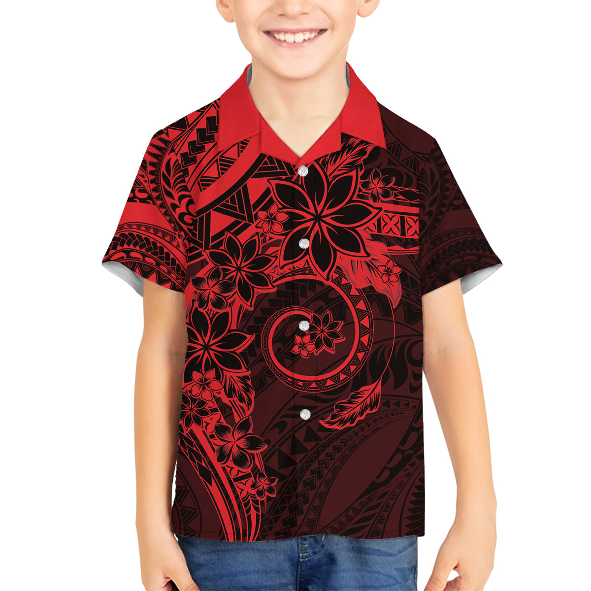 Polynesian Sunset Plumeria Family Matching Puletasi and Hawaiian Shirt Red Polynesian Tattoo LT05 Son's Shirt Red - Polynesian Pride