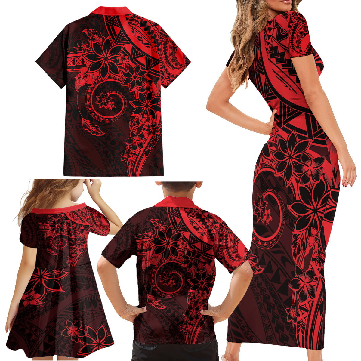 Polynesian Sunset Plumeria Family Matching Short Sleeve Bodycon Dress and Hawaiian Shirt Red Polynesian Tattoo LT05 - Polynesian Pride