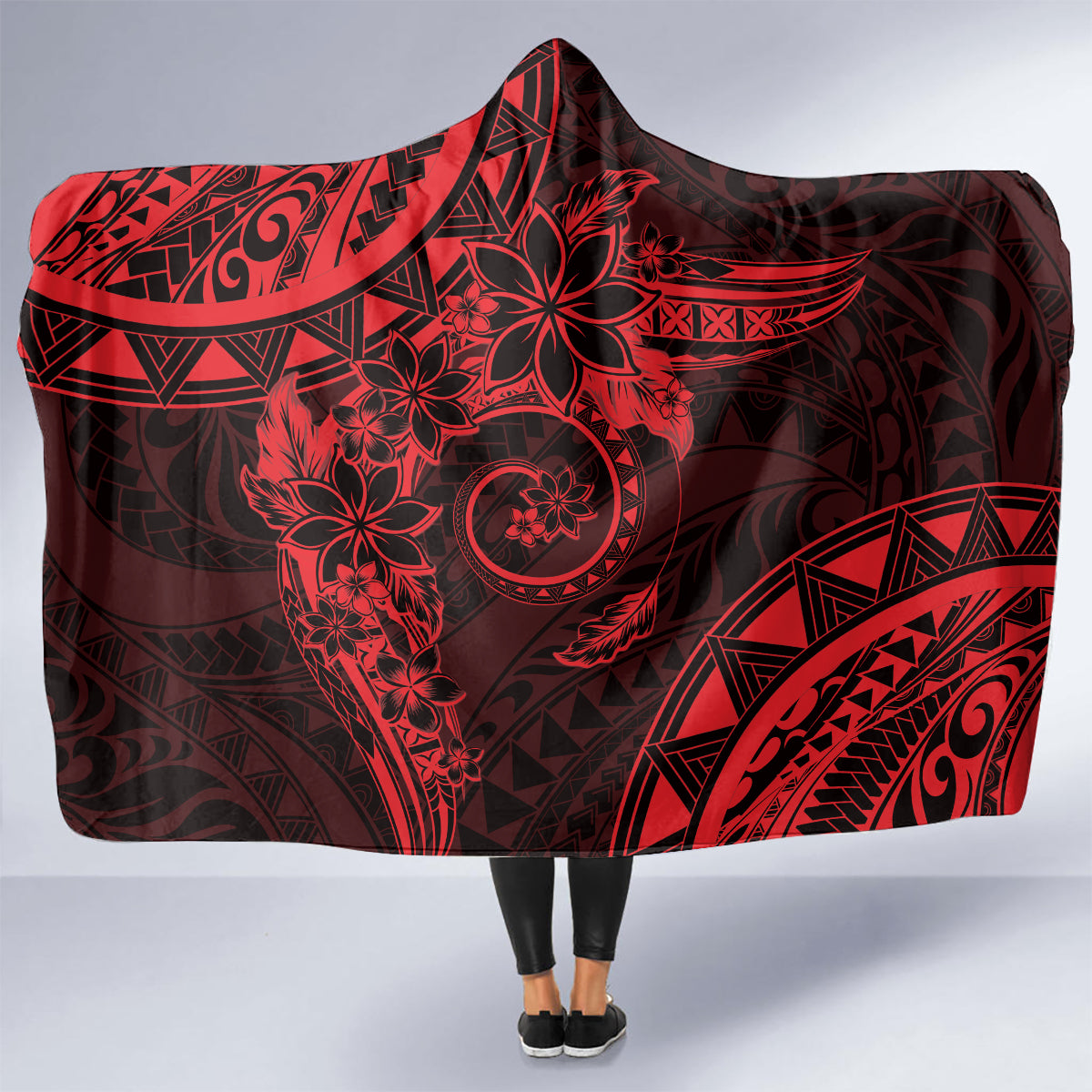 Polynesian Sunset Plumeria Hooded Blanket Red Polynesian Tattoo