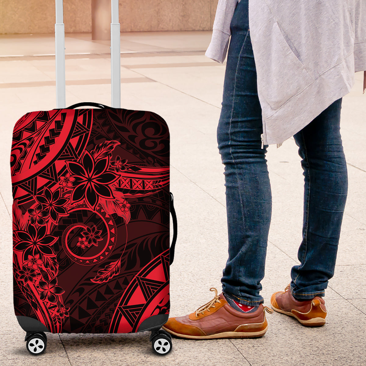 Polynesian Sunset Plumeria Luggage Cover Red Polynesian Tattoo