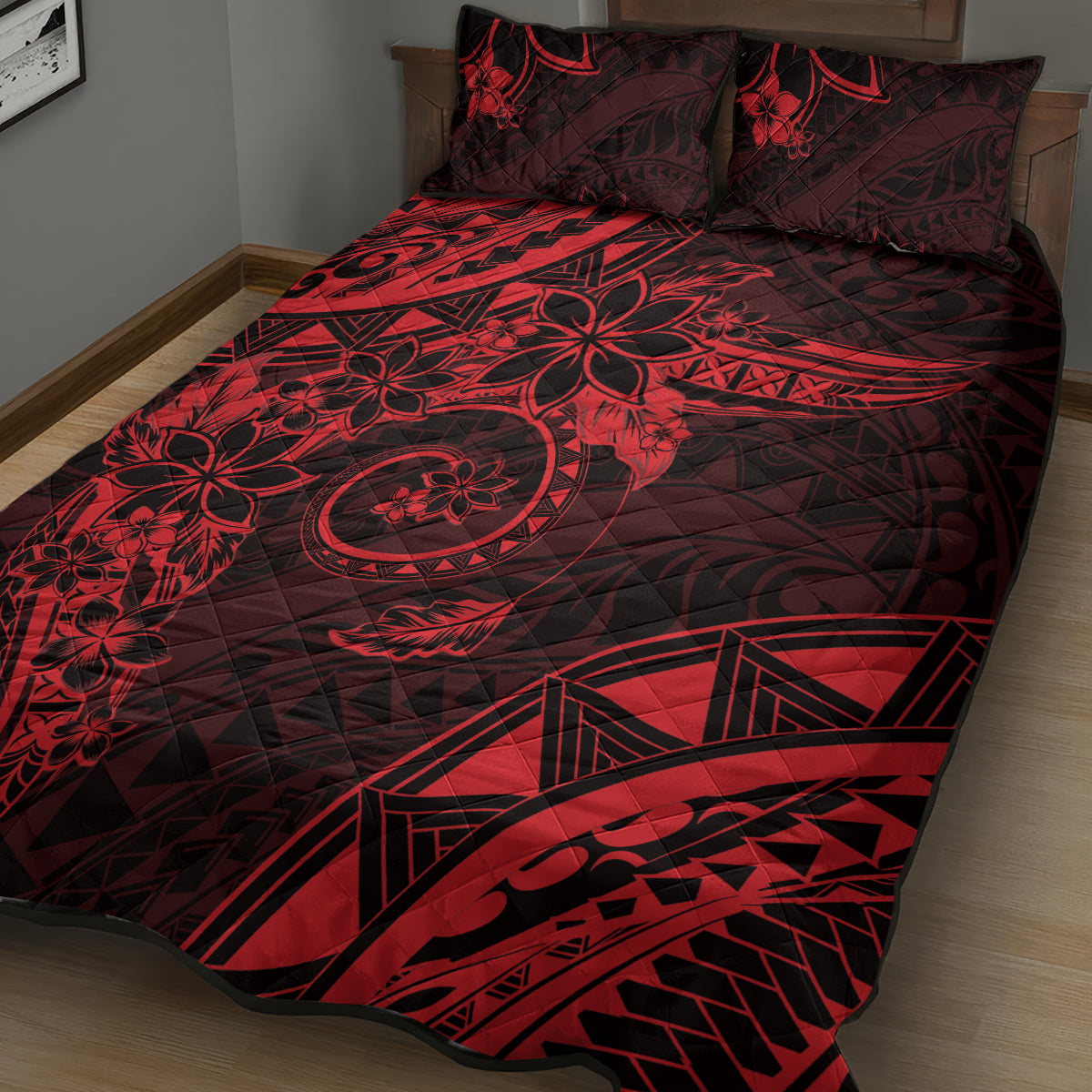Polynesian Sunset Plumeria Quilt Bed Set Red Polynesian Tattoo