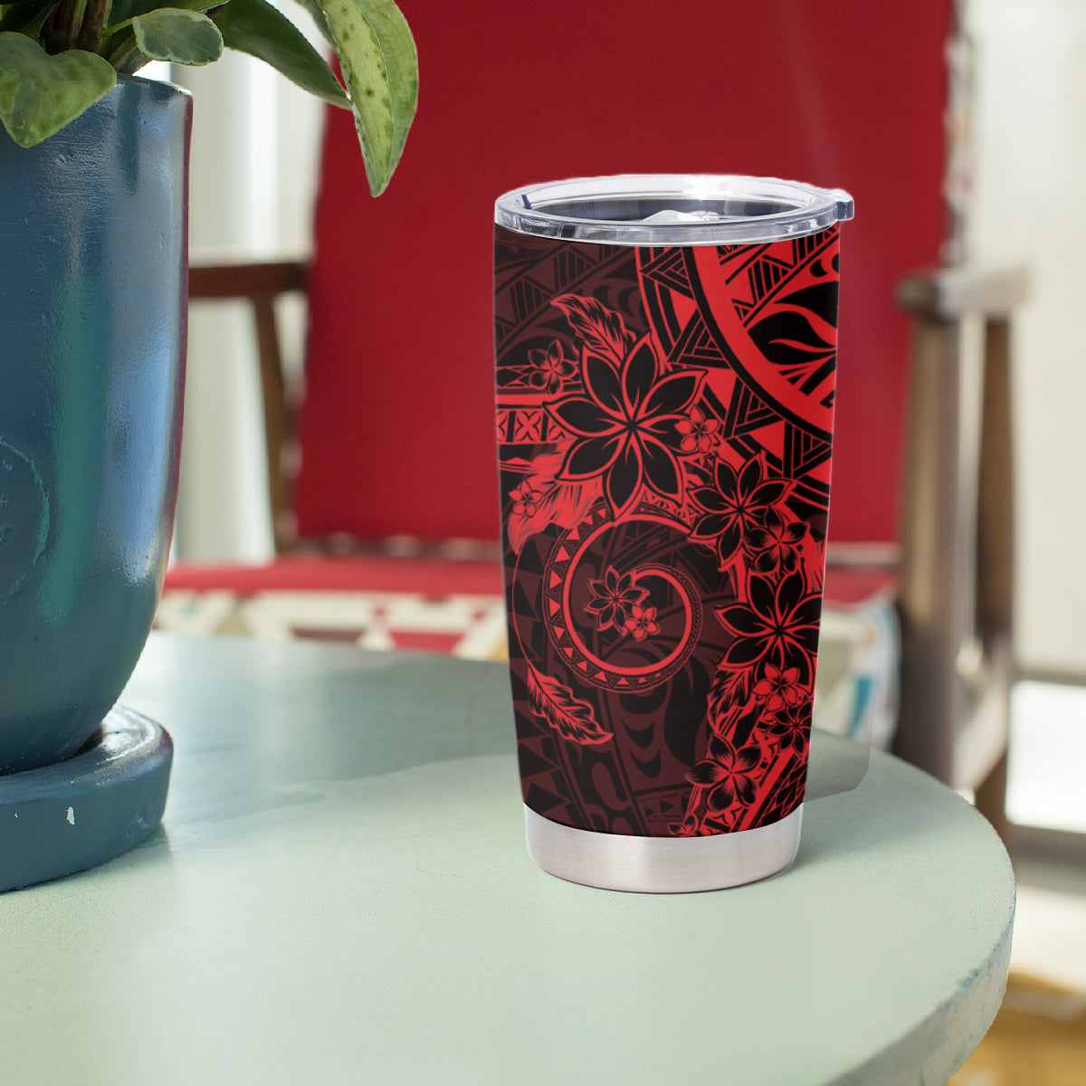 Red Polynesian Pattern With Plumeria Flowers Tumbler Cup