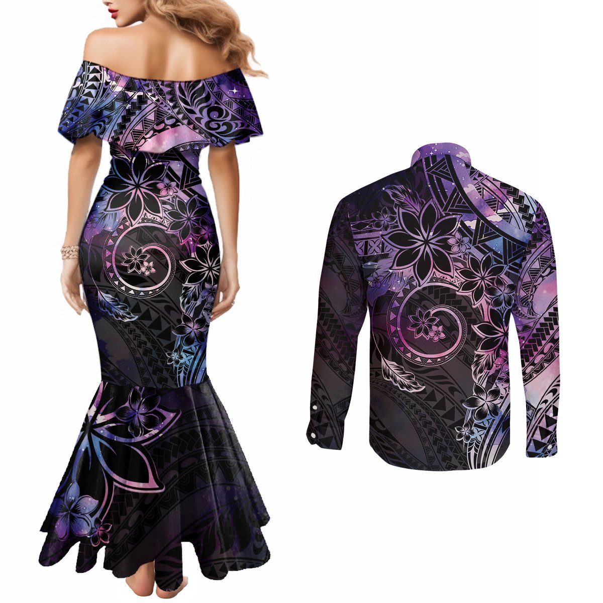 Polynesian Sunset Plumeria Couples Matching Mermaid Dress and Long Sleeve Button Shirt Galaxy Polynesian Tattoo LT05 - Polynesian Pride