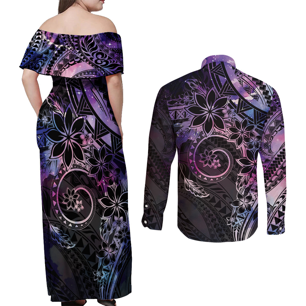 Polynesian Sunset Plumeria Couples Matching Off Shoulder Maxi Dress and Long Sleeve Button Shirt Galaxy Polynesian Tattoo
