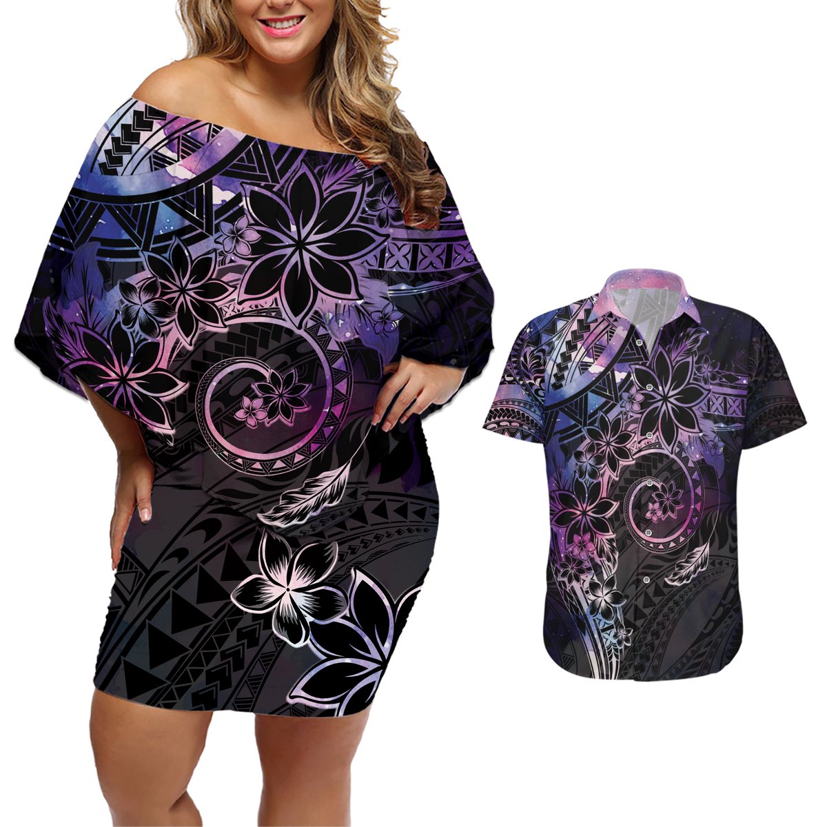 Polynesian Sunset Plumeria Couples Matching Off Shoulder Short Dress and Hawaiian Shirt Galaxy Polynesian Tattoo LT05 Galaxy - Polynesian Pride
