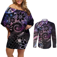 Polynesian Sunset Plumeria Couples Matching Off Shoulder Short Dress and Long Sleeve Button Shirt Galaxy Polynesian Tattoo