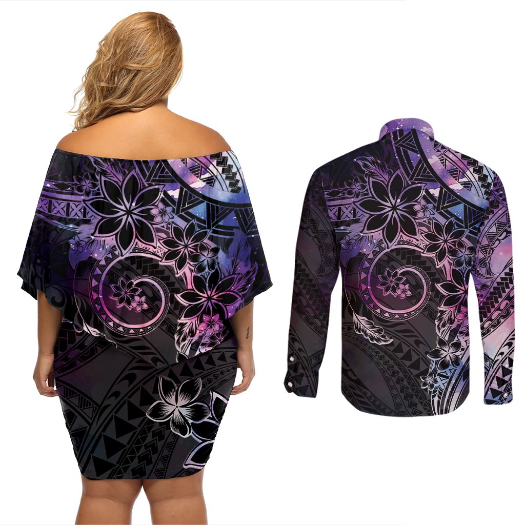 Polynesian Sunset Plumeria Couples Matching Off Shoulder Short Dress and Long Sleeve Button Shirt Galaxy Polynesian Tattoo