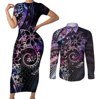 Polynesian Sunset Plumeria Couples Matching Short Sleeve Bodycon Dress and Long Sleeve Button Shirt Galaxy Polynesian Tattoo LT05 Galaxy - Polynesian Pride
