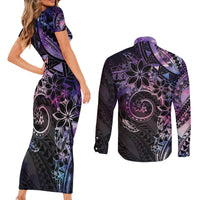 Polynesian Sunset Plumeria Couples Matching Short Sleeve Bodycon Dress and Long Sleeve Button Shirt Galaxy Polynesian Tattoo LT05 - Polynesian Pride
