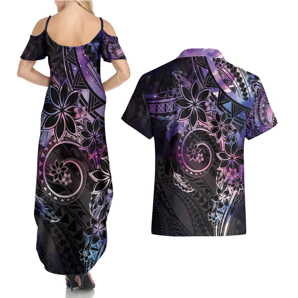 Polynesian Sunset Plumeria Couples Matching Summer Maxi Dress and Hawaiian Shirt Galaxy Polynesian Tattoo LT05 - Polynesian Pride