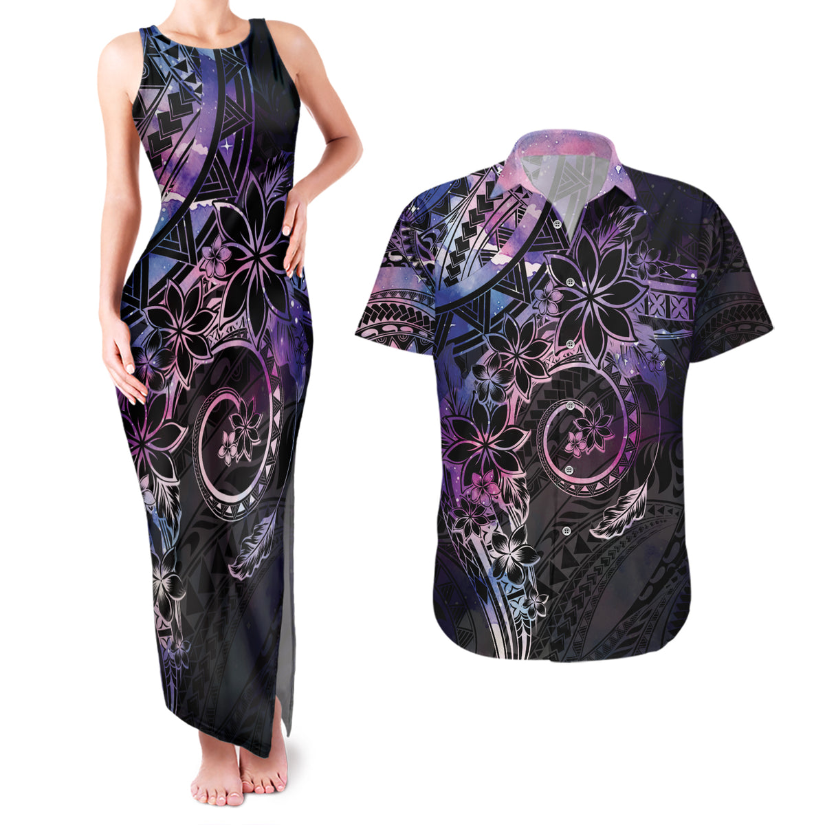Polynesian Sunset Plumeria Couples Matching Tank Maxi Dress and Hawaiian Shirt Galaxy Polynesian Tattoo LT05 Galaxy - Polynesian Pride