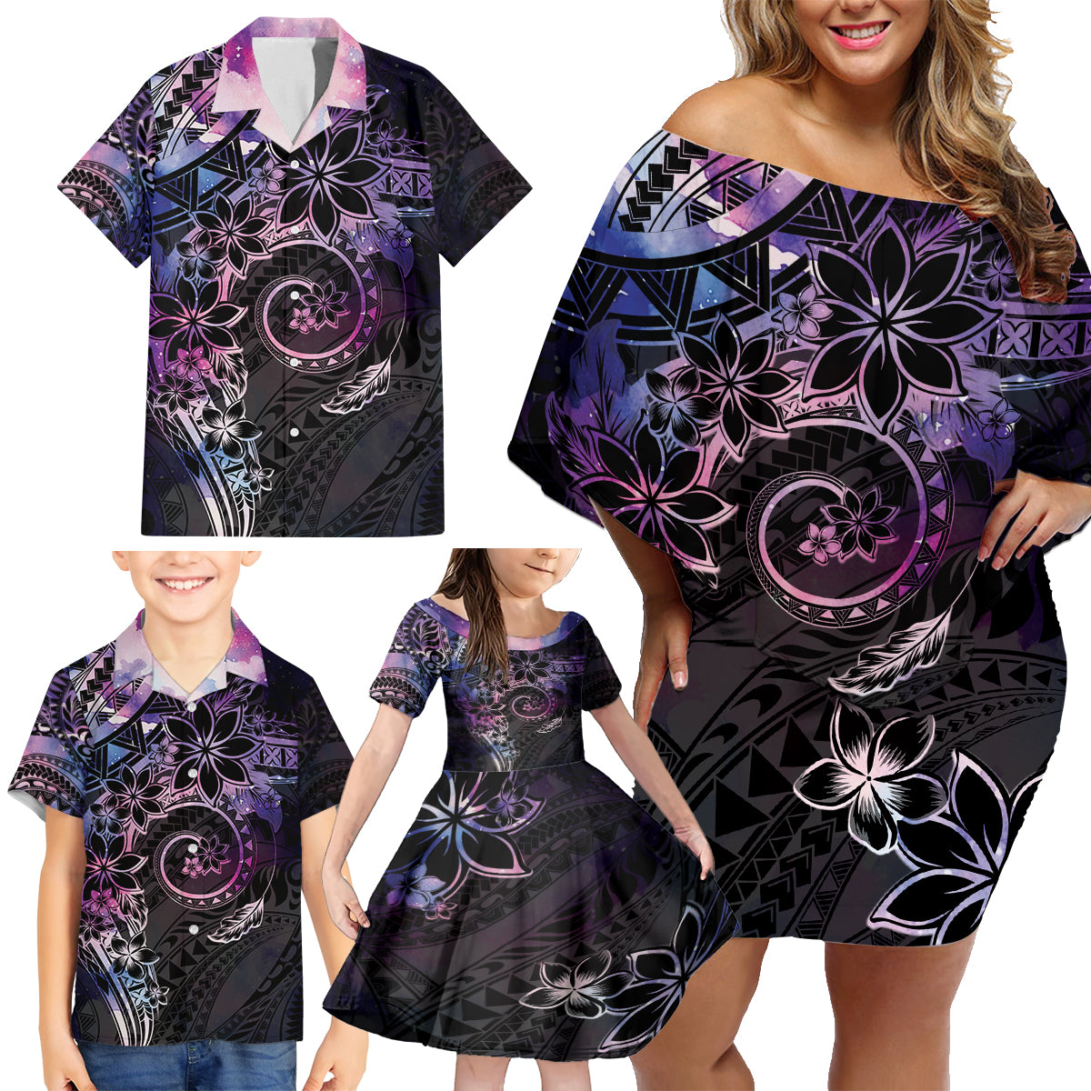 Polynesian Sunset Plumeria Family Matching Off Shoulder Short Dress and Hawaiian Shirt Galaxy Polynesian Tattoo LT05 - Polynesian Pride