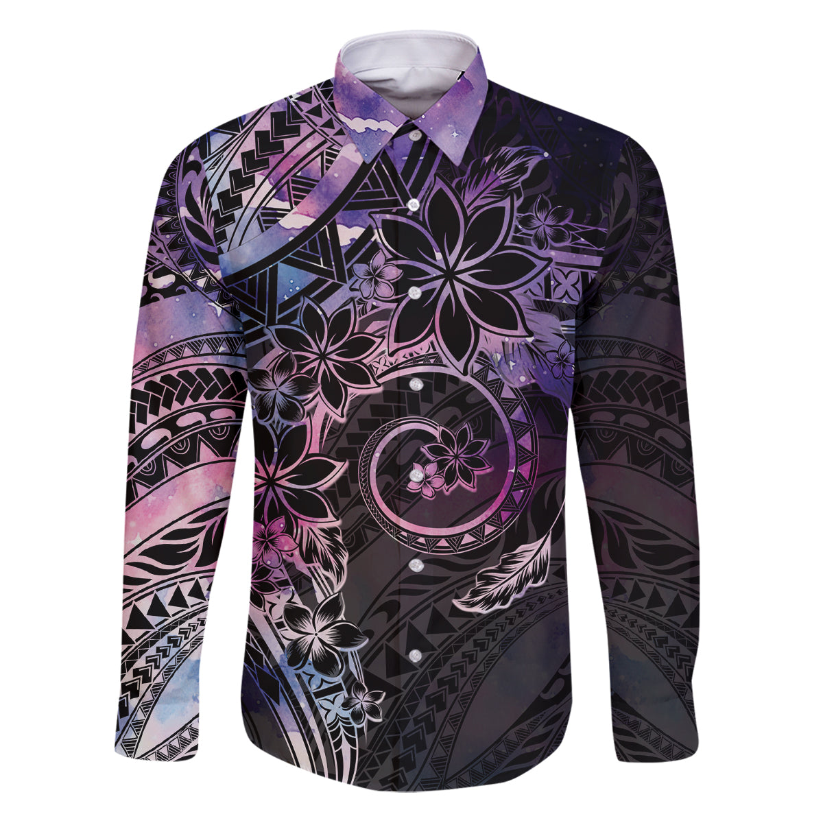 Polynesian Sunset Plumeria Family Matching Puletasi and Hawaiian Shirt Galaxy Polynesian Tattoo LT05 Dad's Shirt - Long Sleeve Galaxy - Polynesian Pride