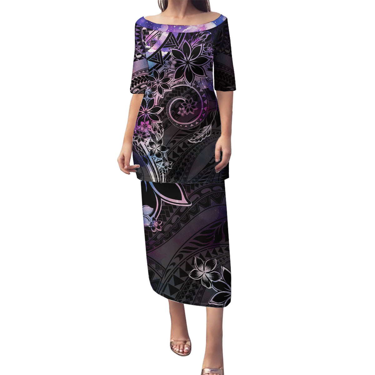 Polynesian Sunset Plumeria Family Matching Puletasi and Hawaiian Shirt Galaxy Polynesian Tattoo LT05 Mom's Dress Galaxy - Polynesian Pride