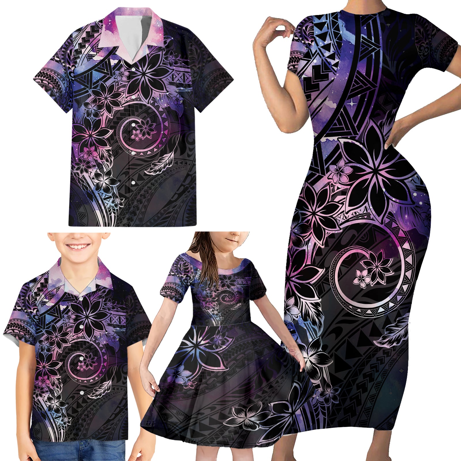 Polynesian Sunset Plumeria Family Matching Short Sleeve Bodycon Dress and Hawaiian Shirt Galaxy Polynesian Tattoo LT05 - Polynesian Pride