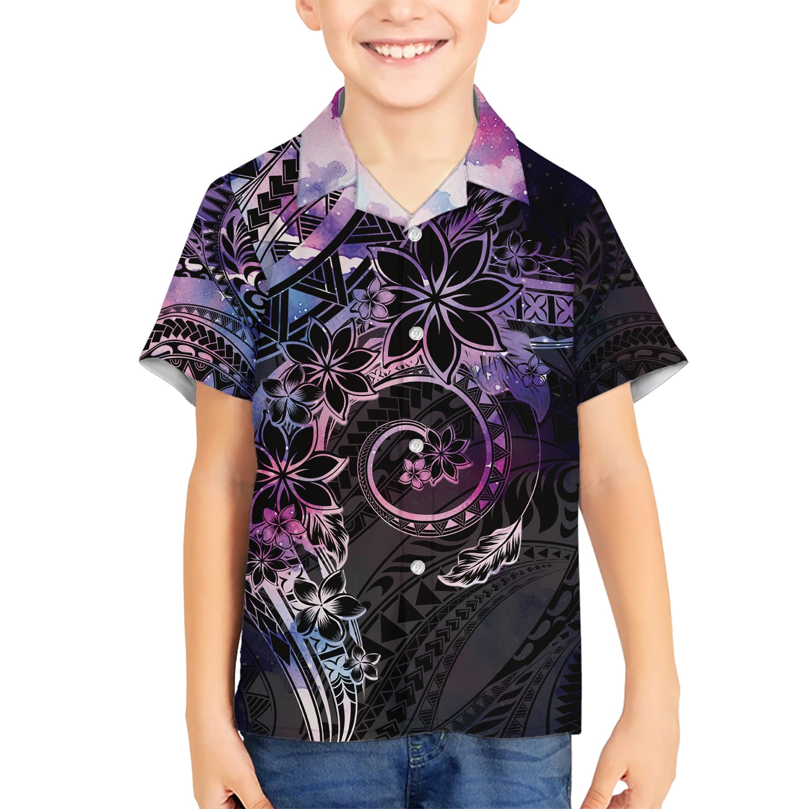 Polynesian Sunset Plumeria Kid Hawaiian Shirt Galaxy Polynesian Tattoo