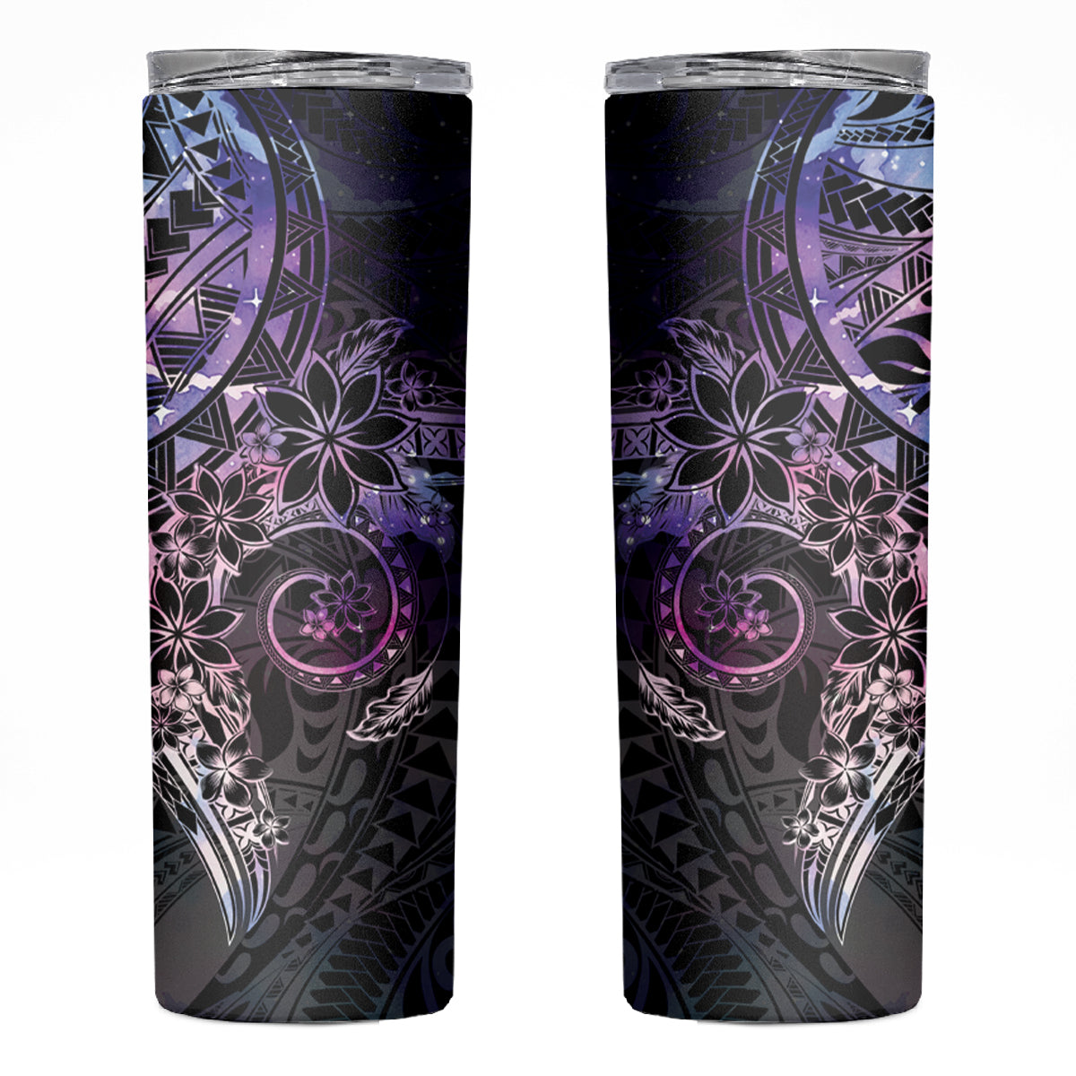 Galaxy Polynesian Pattern With Plumeria Flowers Skinny Tumbler