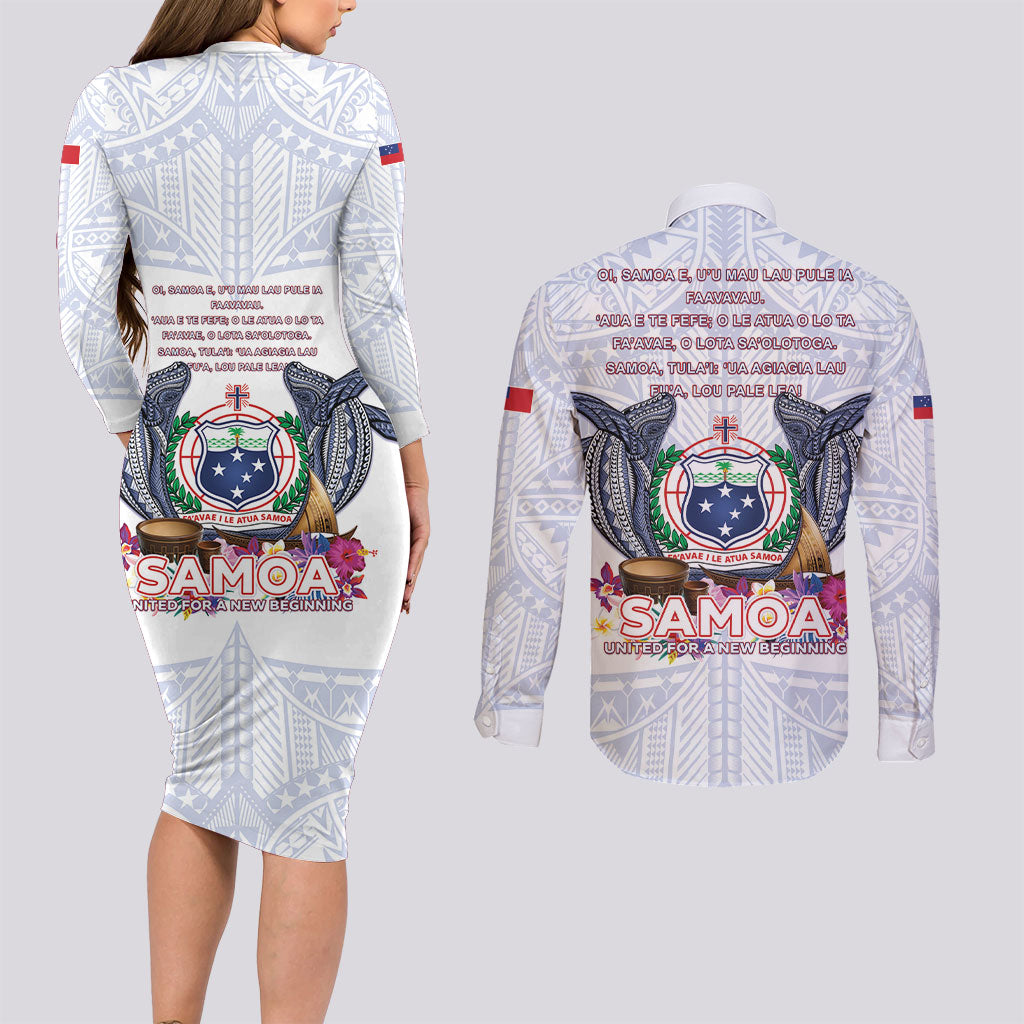 Samoa Independence Day Couples Matching Long Sleeve Bodycon Dress and Long Sleeve Button Shirt Samoa United For A New Beginning