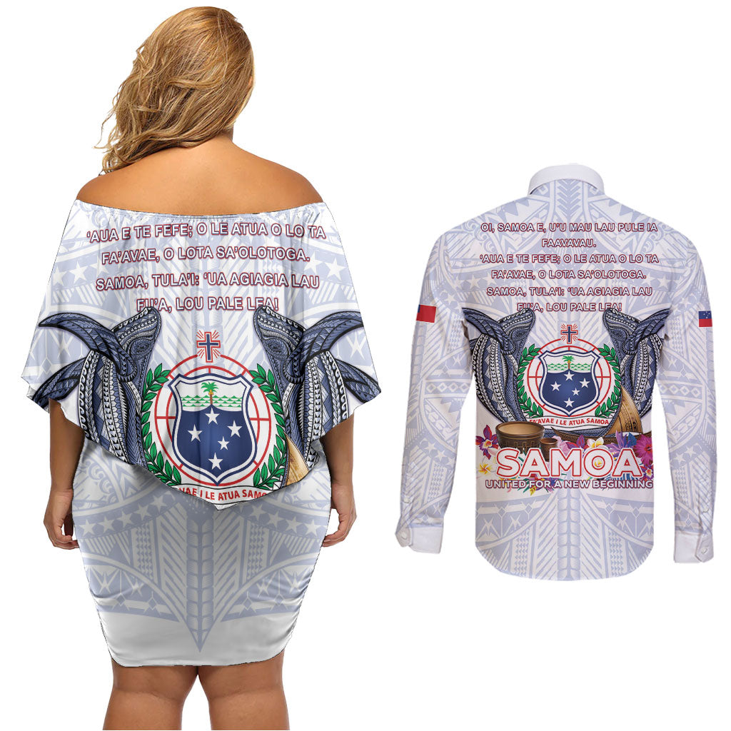 Samoa Independence Day Couples Matching Off Shoulder Short Dress and Long Sleeve Button Shirt Samoa United For A New Beginning