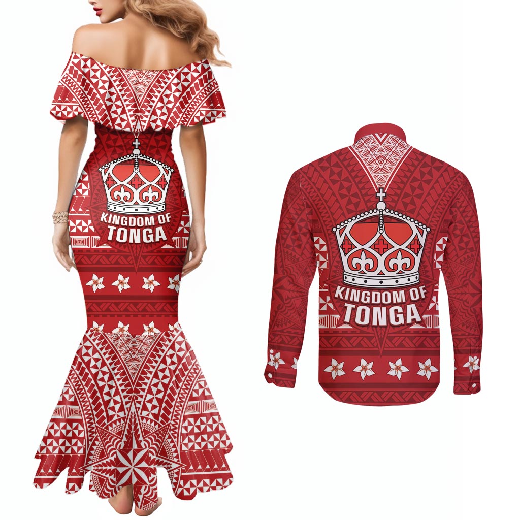 Tonga King Tupou VI Day Couples Matching Mermaid Dress and Long Sleeve Button Shirt Traditional Tongan Kupesi Pattern LT05 - Polynesian Pride