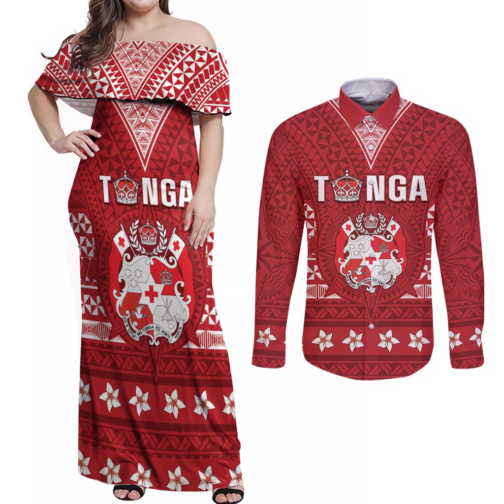 Tonga King Tupou VI Day Couples Matching Off Shoulder Maxi Dress and Long Sleeve Button Shirt Traditional Tongan Kupesi Pattern LT05 Red - Polynesian Pride