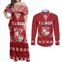 Tonga King Tupou VI Day Couples Matching Off Shoulder Maxi Dress and Long Sleeve Button Shirt Traditional Tongan Kupesi Pattern LT05 Red - Polynesian Pride