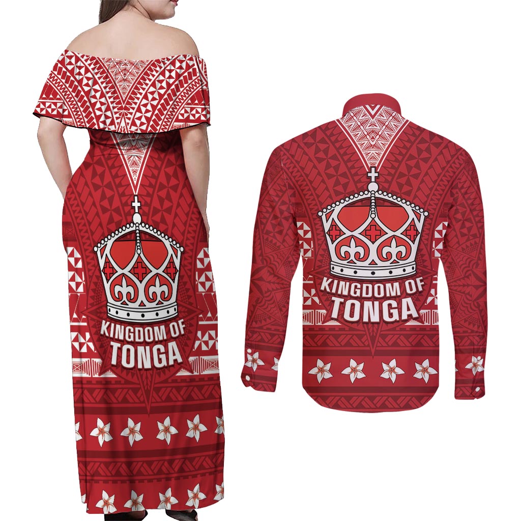 Tonga King Tupou VI Day Couples Matching Off Shoulder Maxi Dress and Long Sleeve Button Shirt Traditional Tongan Kupesi Pattern LT05 - Polynesian Pride