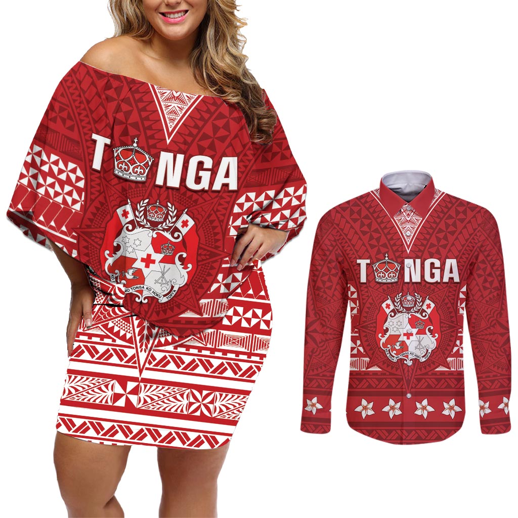 Tonga King Tupou VI Day Couples Matching Off Shoulder Short Dress and Long Sleeve Button Shirt Traditional Tongan Kupesi Pattern LT05 Red - Polynesian Pride