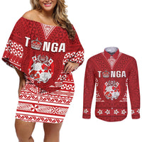 Tonga King Tupou VI Day Couples Matching Off Shoulder Short Dress and Long Sleeve Button Shirt Traditional Tongan Kupesi Pattern LT05 Red - Polynesian Pride