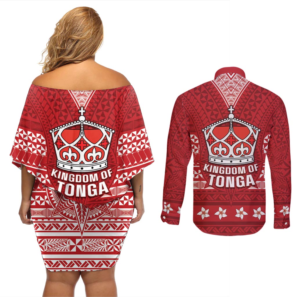Tonga King Tupou VI Day Couples Matching Off Shoulder Short Dress and Long Sleeve Button Shirt Traditional Tongan Kupesi Pattern LT05 - Polynesian Pride