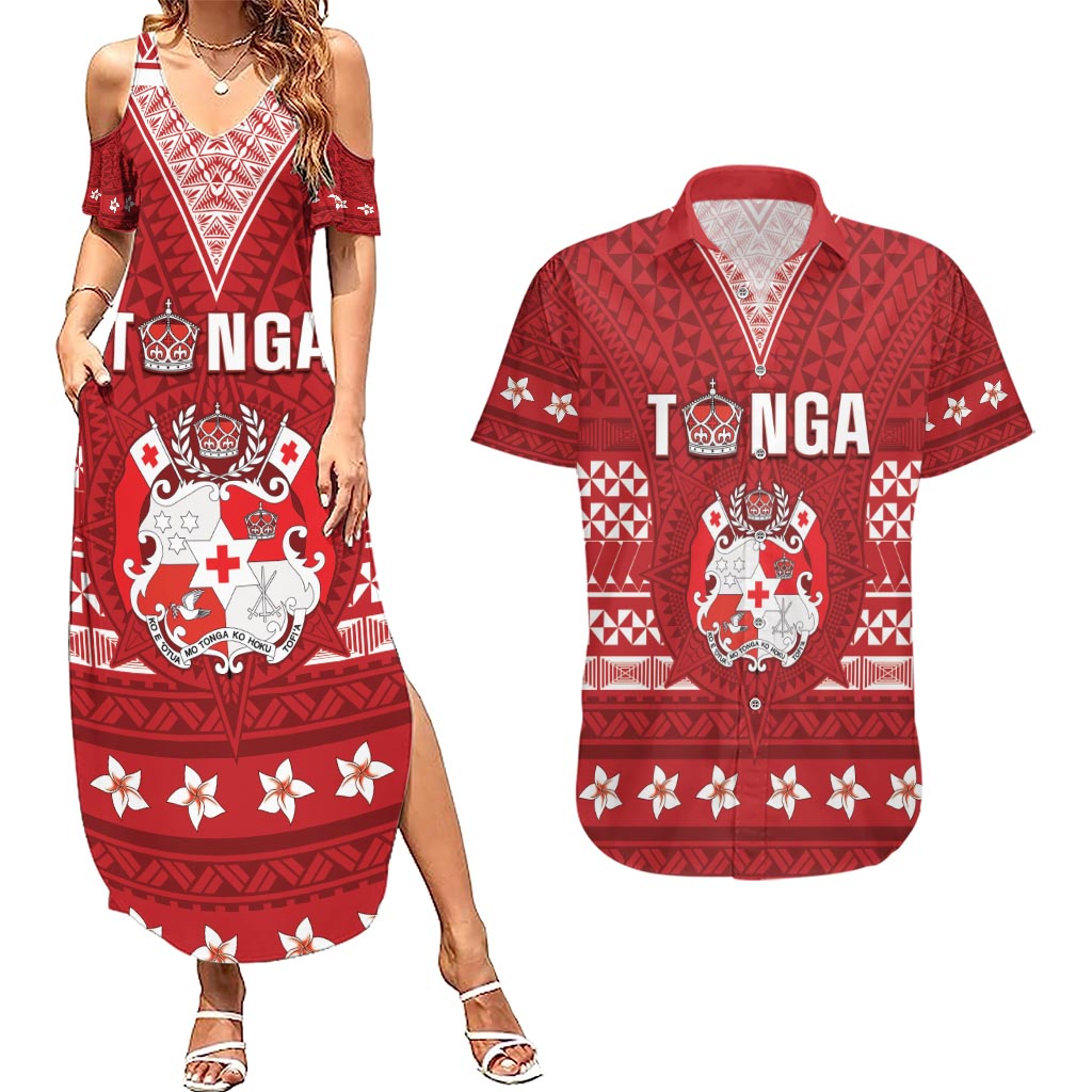 Tonga King Tupou VI Day Couples Matching Summer Maxi Dress and Hawaiian Shirt Traditional Tongan Kupesi Pattern LT05 Red - Polynesian Pride