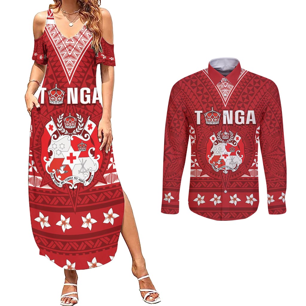 Tonga King Tupou VI Day Couples Matching Summer Maxi Dress and Long Sleeve Button Shirt Traditional Tongan Kupesi Pattern LT05 Red - Polynesian Pride